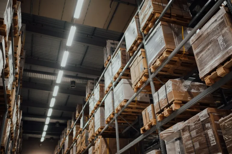 Cardboard cartons on warehouse racks ready for dispatch