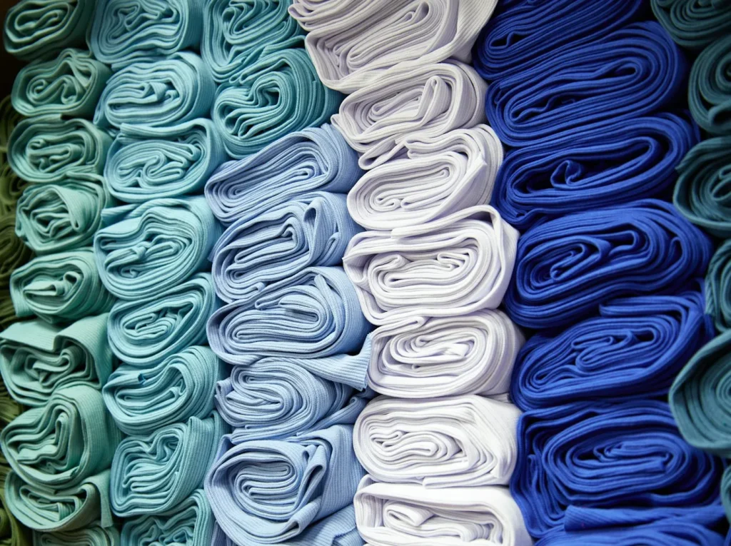 Rolls of colourful fabric in a textile store