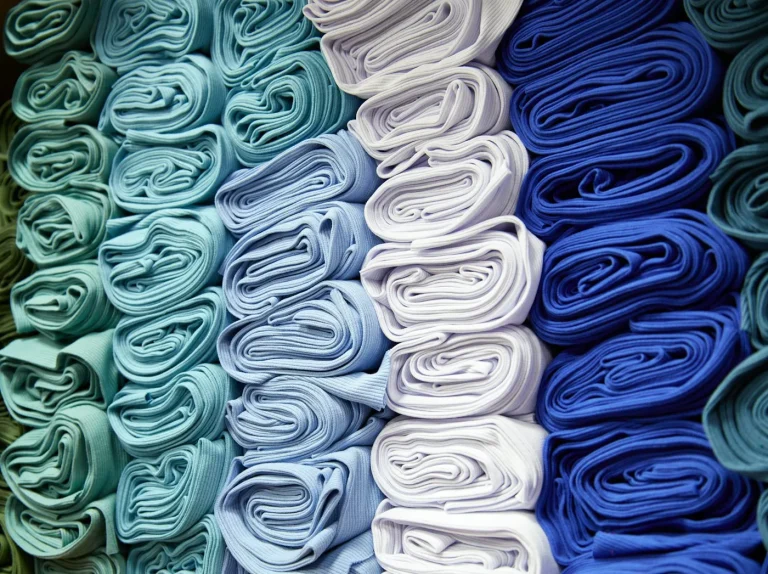 Rolls of colourful fabric in a textile store