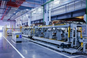 Industrial production line with machinery in a factory hall