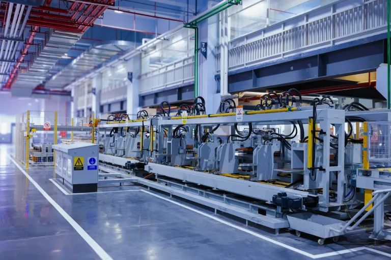 Industrial production line with machinery in a factory hall