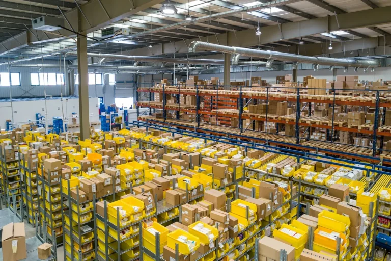 Wholesale warehouse aisles stocked with goods